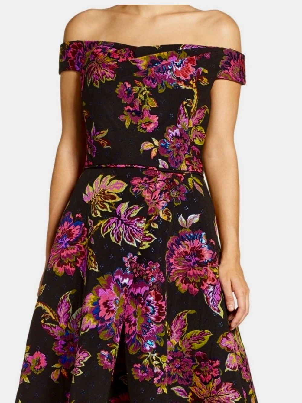 Adrianna Papell Black Off-Shoulder Floral Fit & Flare Dress
